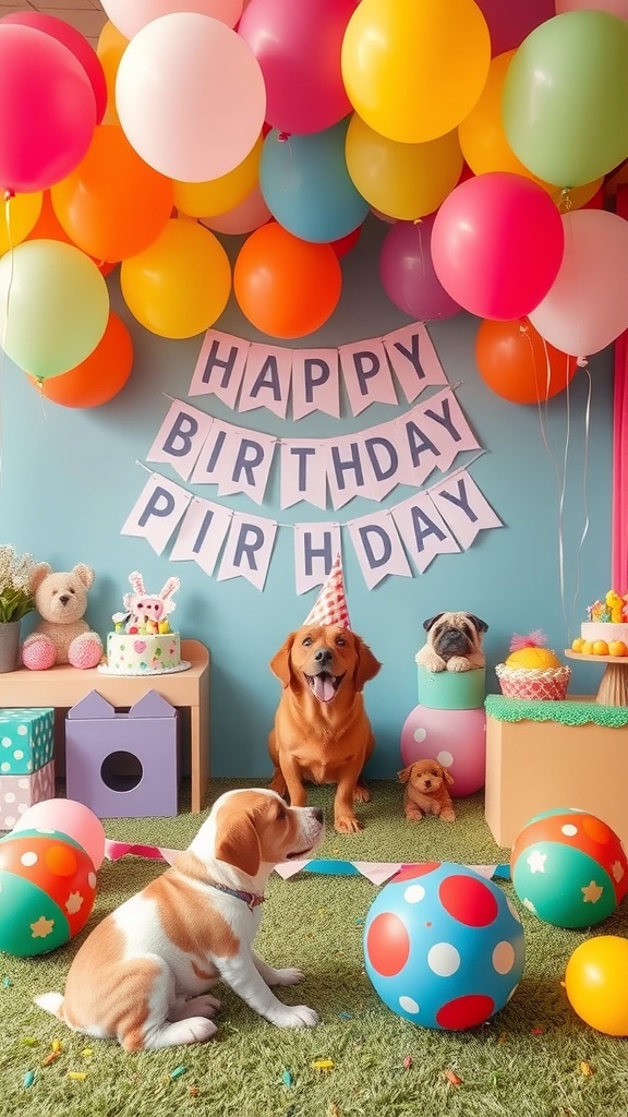 A vibrant dog birthday party scene with balloons, a birthday banner, and playful decorations.
