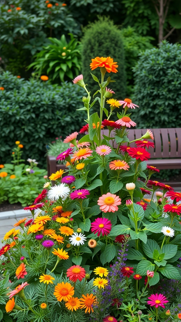 A vibrant tiered flower bed with colorful flowers in various heights.