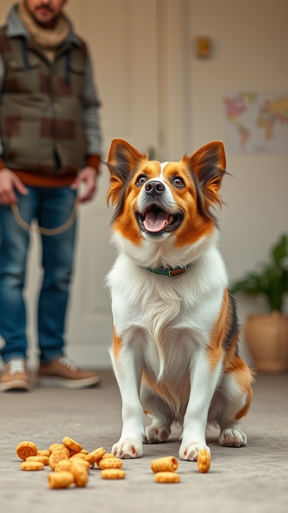 A happy dog sitting in front of scattered treats, with a person in the background holding a leash.