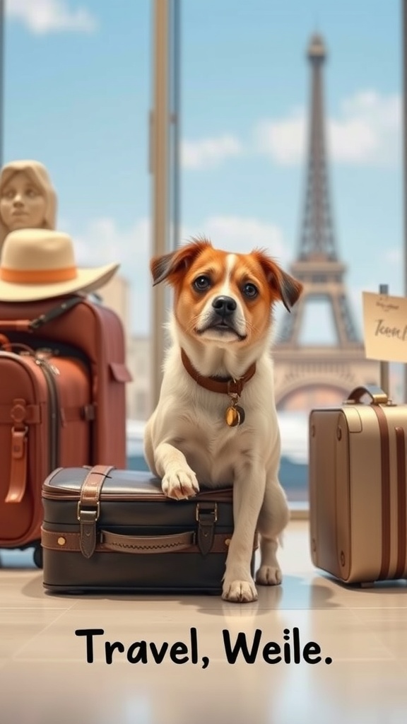 A dog sitting on a suitcase with the Eiffel Tower in the background, symbolizing travel.