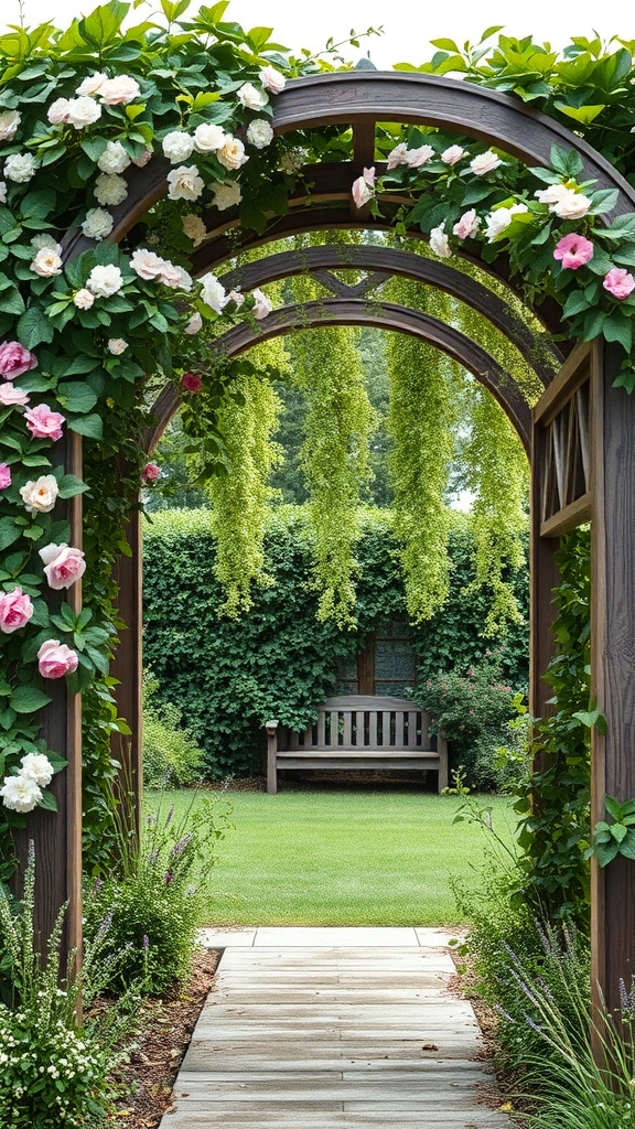 A wooden arbor covered in flowers leading to a garden bench.