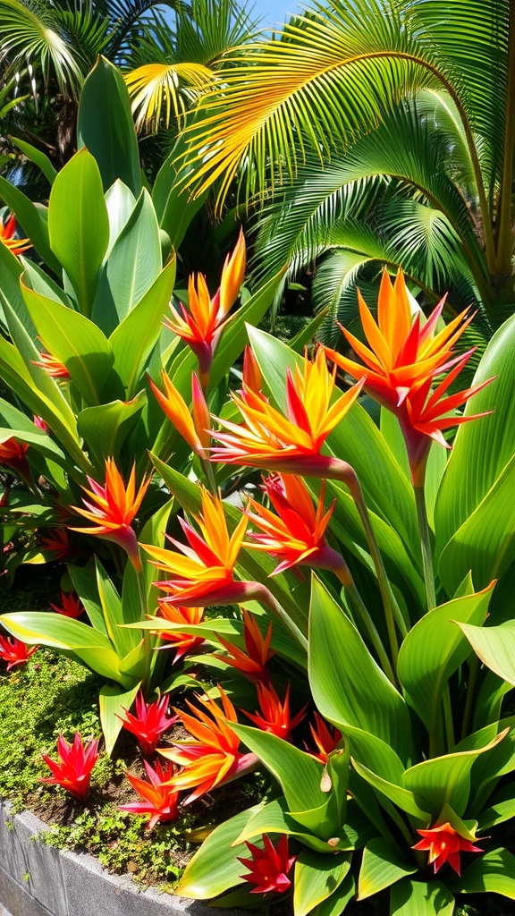 A vibrant tropical flower bed featuring heliconias and bromeliads with lush green leaves.