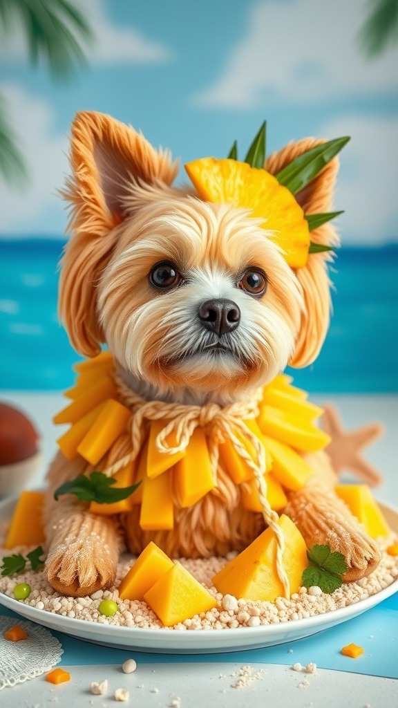 A dog wearing a tropical fruit costume with a cake decorated with mango and pineapple.