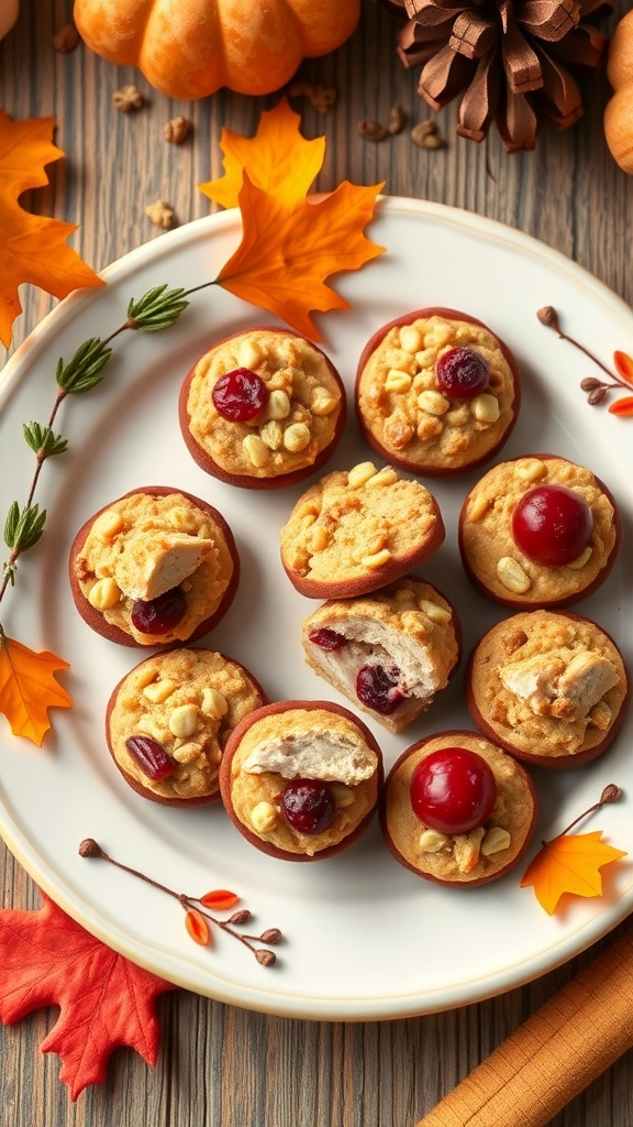 A plate of homemade turkey and cranberry dog treats, garnished with autumn leaves and pine cones.