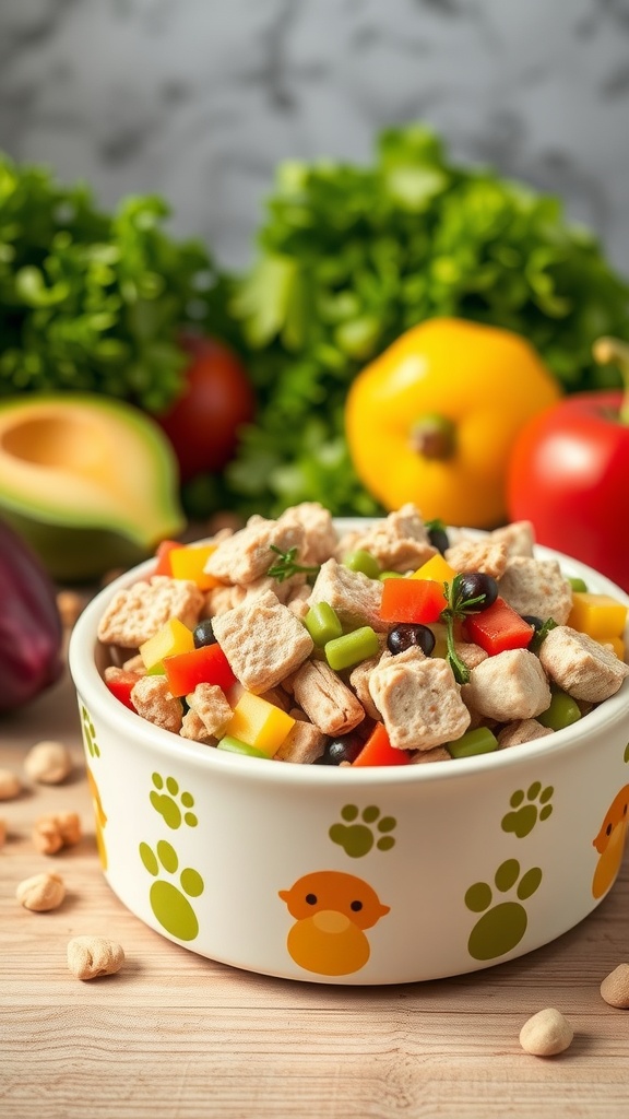 A bowl of turkey and vegetable mix for dogs, featuring colorful veggies and crunchy treats.