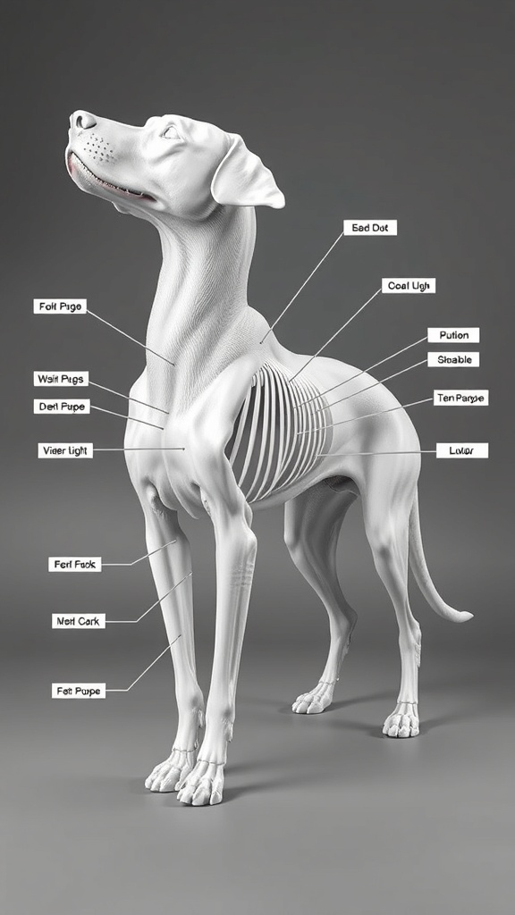 Anatomical model of a dog with labeled parts