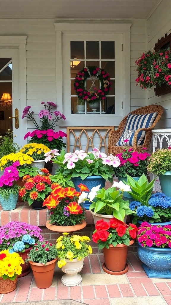 A colorful display of various potted flowers on a porch, showcasing unique container gardens.