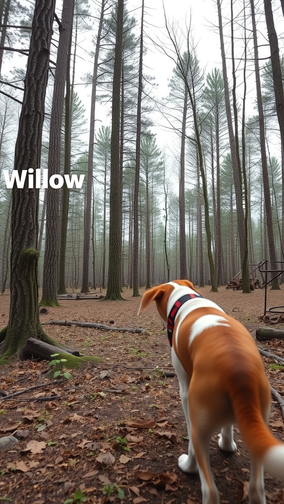 A dog named Willow standing in a foggy forest with tall trees.