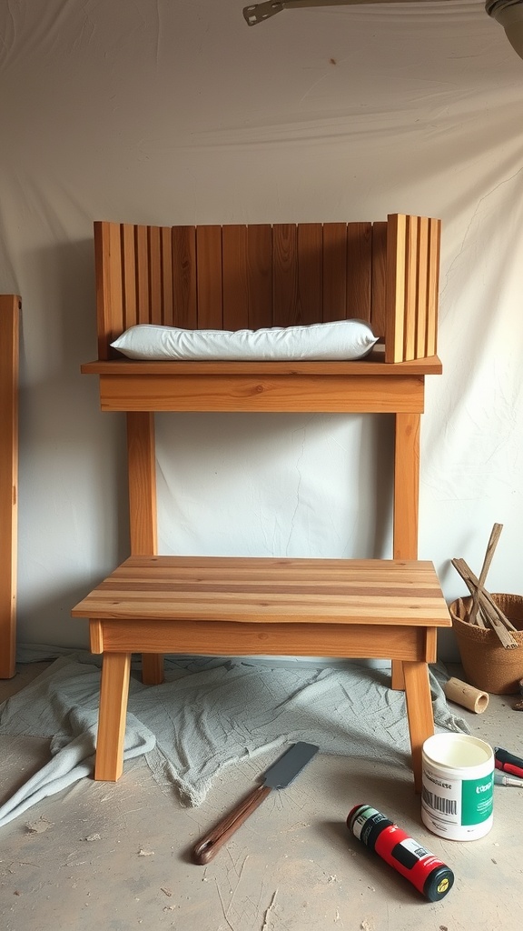 An elevated dog bed made from wood with a cushion on top, surrounded by tools and materials for crafting.