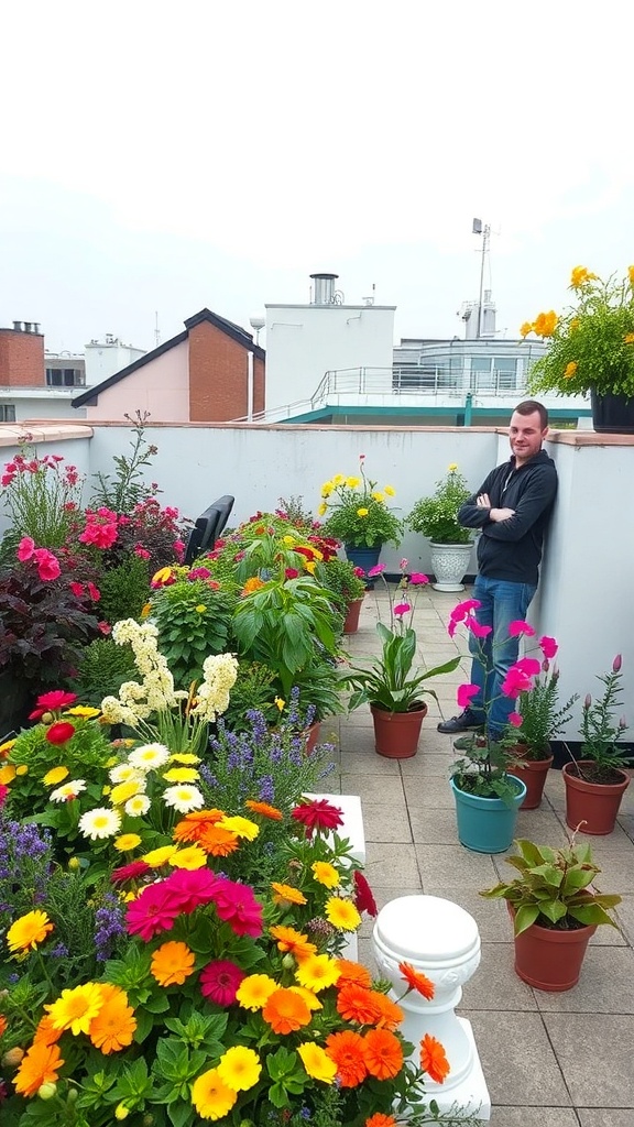A vibrant rooftop garden filled with colorful flowers and plants, showcasing a variety of colors and textures.