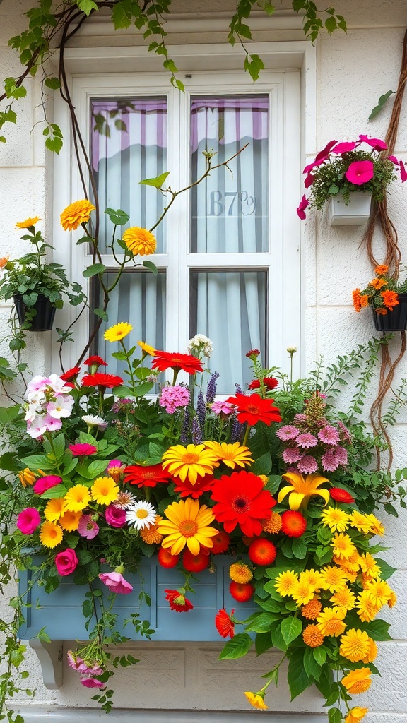 A colorful balcony garden with a variety of flowers in a window box, showcasing vibrant reds, yellows, pinks, and purples.