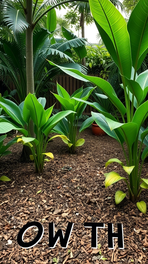 A tropical garden with large green leaves and a layer of mulch on the ground.