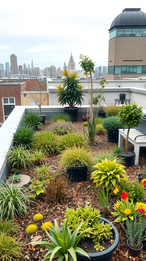 A rooftop garden with various native plants and a city skyline in the background.