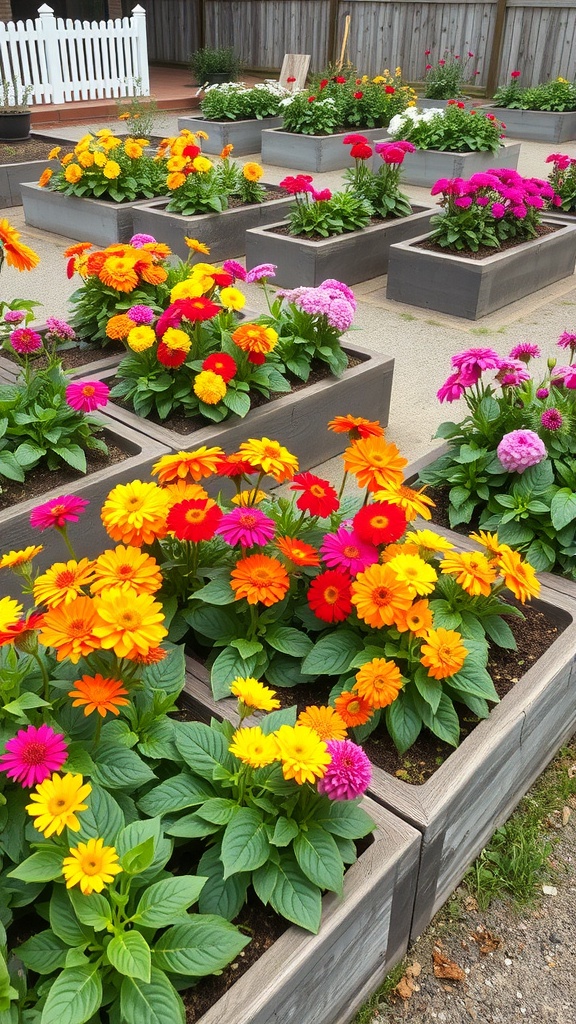 Colorful flowers in raised beds in a garden