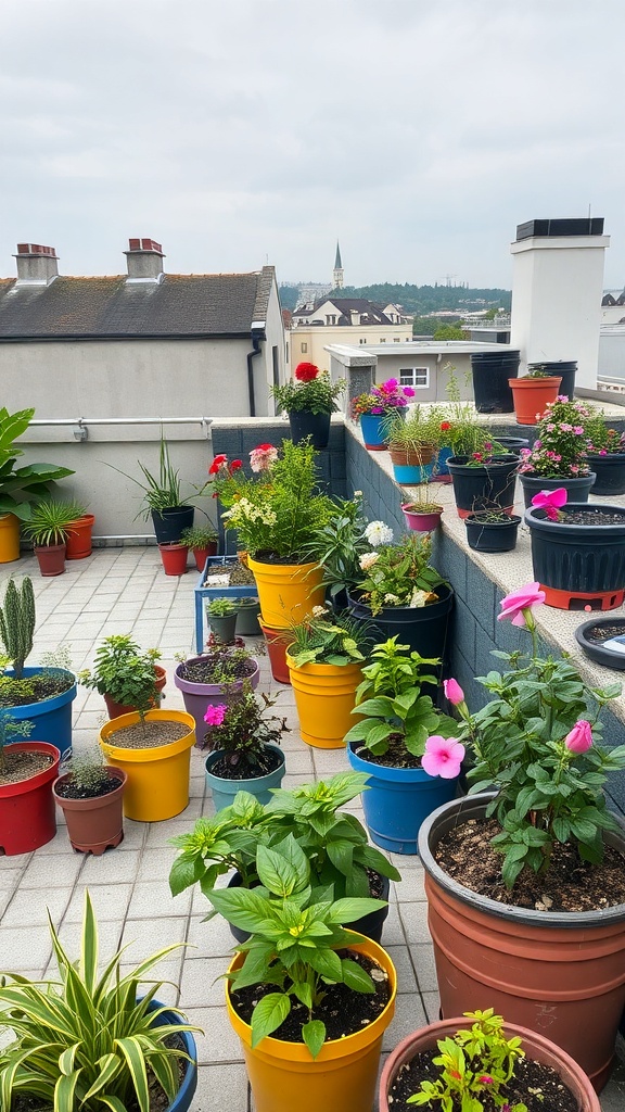 A vibrant rooftop garden filled with colorful potted plants.