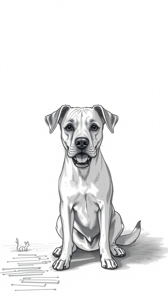 A drawing of a dog with light and shadow effects, featuring a small cat nearby.