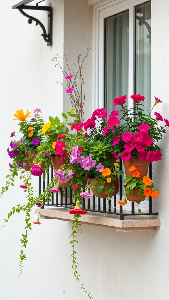 A colorful balcony garden with various flowers in pots hanging from the railing.