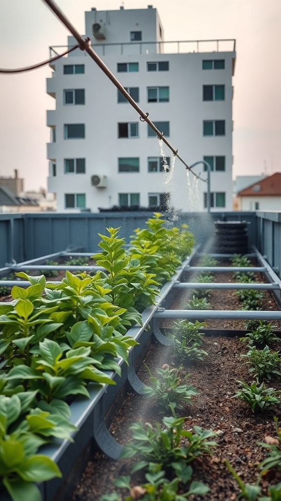 A rooftop garden with green plants being watered by a smart irrigation system.