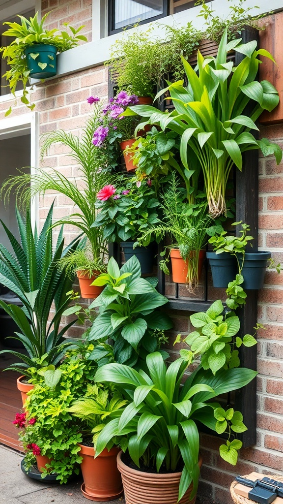A vertical garden with various plants arranged on a wall, showcasing vibrant colors and lush greenery.