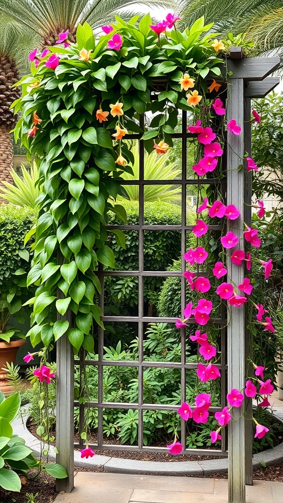 A trellis covered with vibrant pink and orange flowers in a tropical garden.