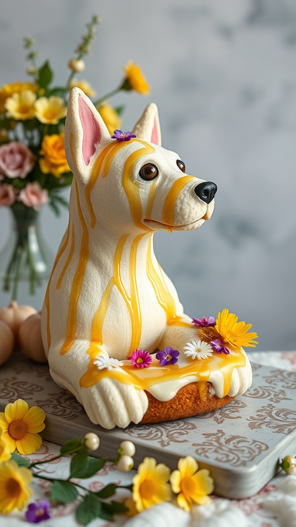 A whimsical dog-shaped birthday cake with vanilla frosting and honey drizzle, decorated with flowers.