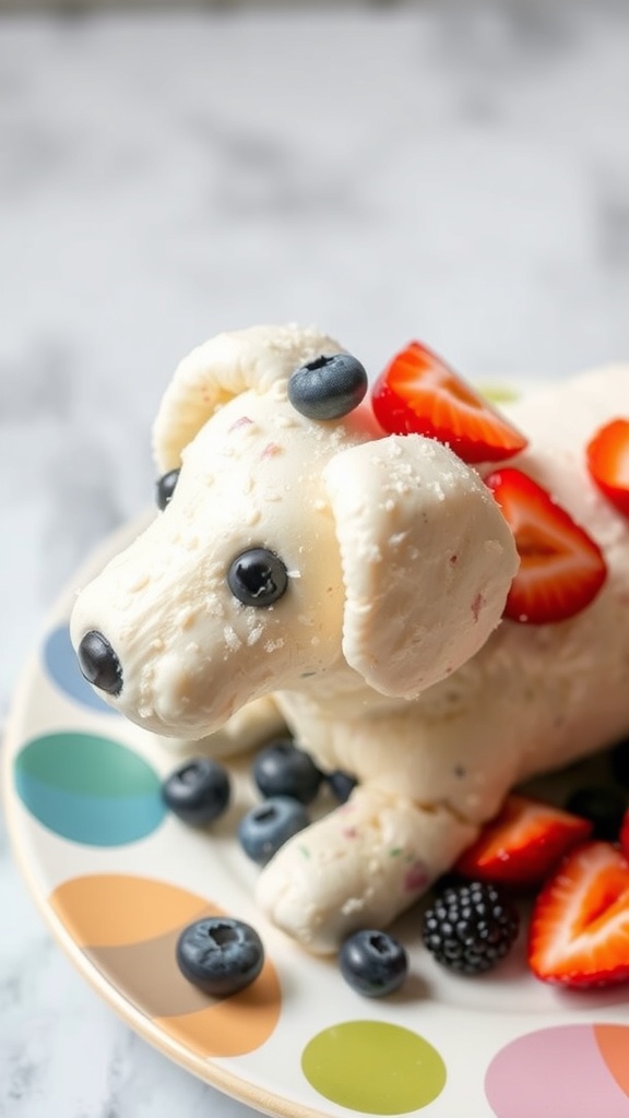 A cute vanilla yogurt dog cake shaped like a puppy, decorated with strawberries and blueberries on a colorful plate.