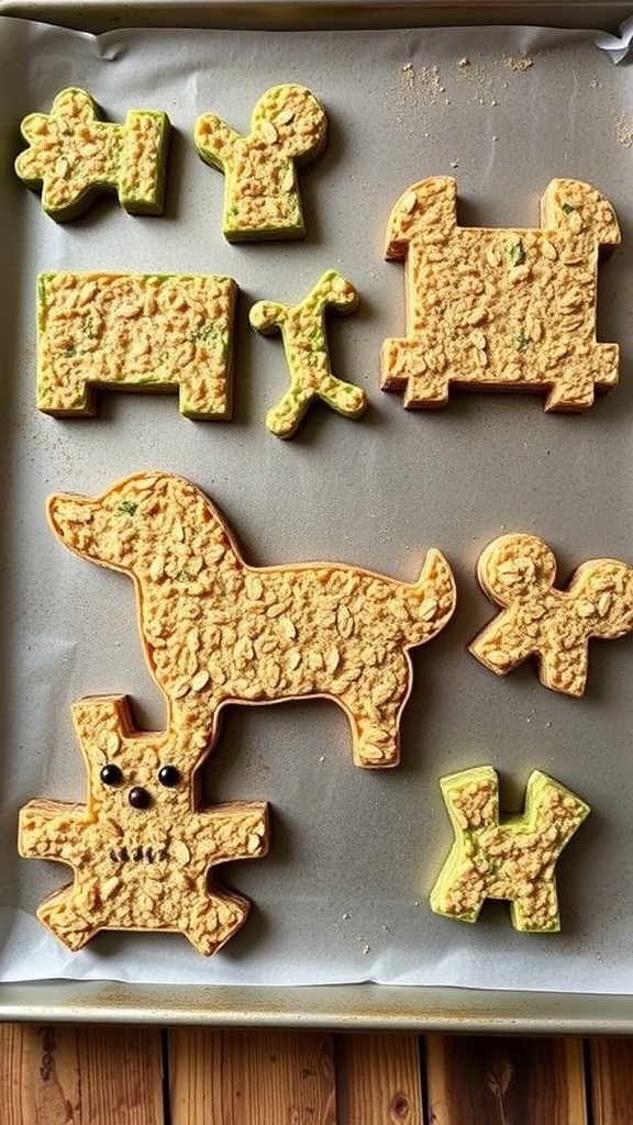 Homemade vegetable and oatmeal dog treats in various shapes