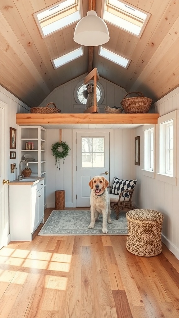Interior view of a dog trot house with a loft area, featuring a dog, wooden flooring, and natural light.