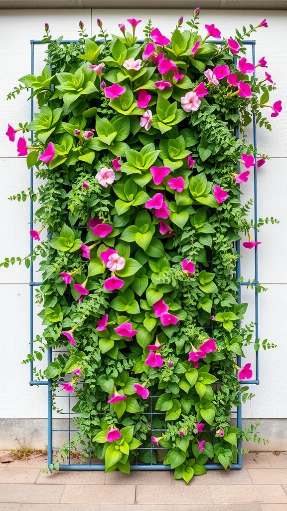 A vertical flower bed featuring vibrant pink flowers and lush green leaves on a grid structure.
