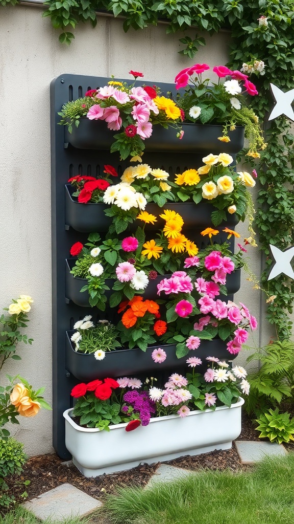 A vertical flower planter filled with colorful flowers against a wall.