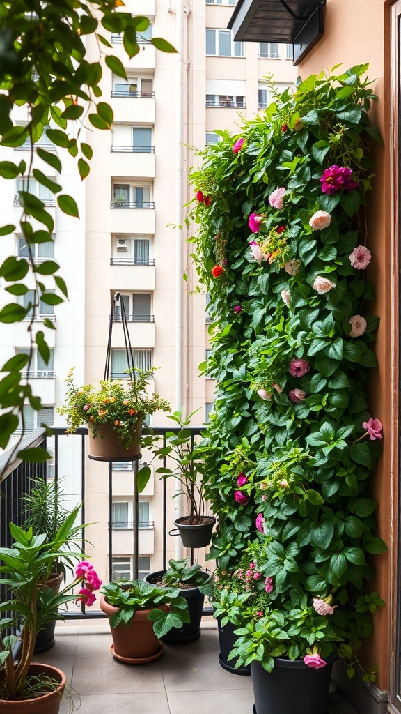 A vertical garden wall filled with vibrant flowers and green leaves on a balcony.