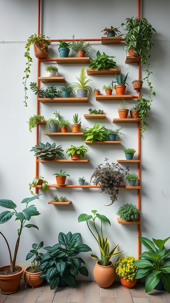 A vertical garden with various plants arranged on orange shelves against a wall.