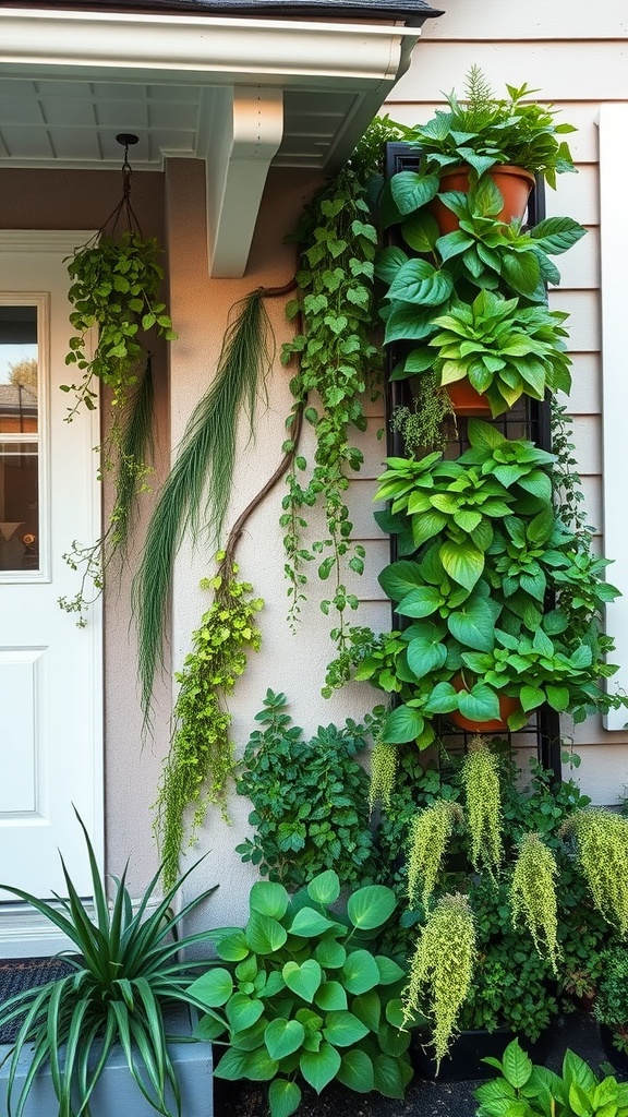 A vertical garden featuring various green plants arranged on a wall beside a door.