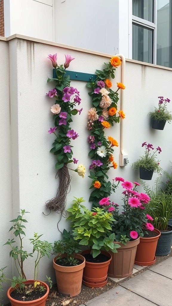 A vertical flower garden with colorful flowers climbing a wall and potted plants below.