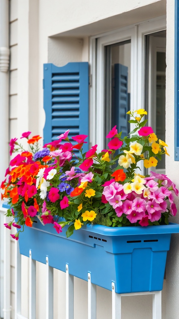 A blue flower box filled with colorful flowers on a balcony.