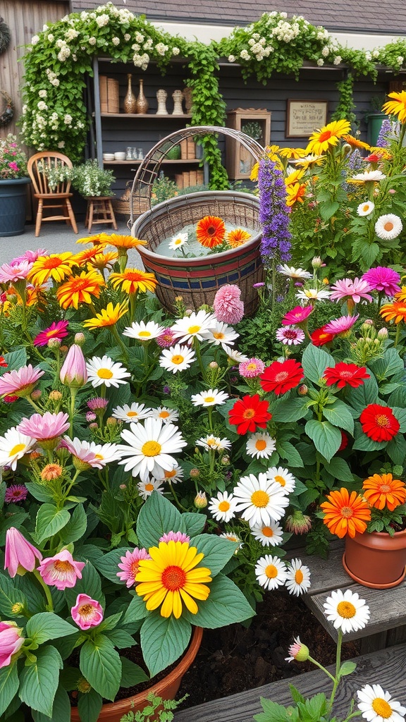 A vibrant vintage flower bed with a variety of colorful flowers and a rustic basket.