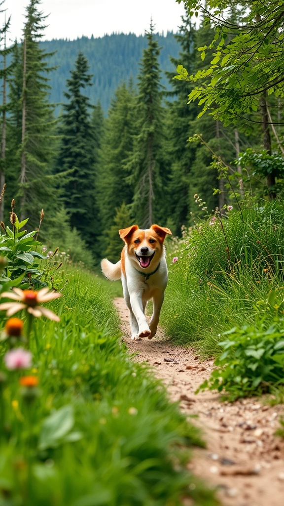 A happy dog running along a dirt path in a forest, surrounded by green trees and colorful flowers.