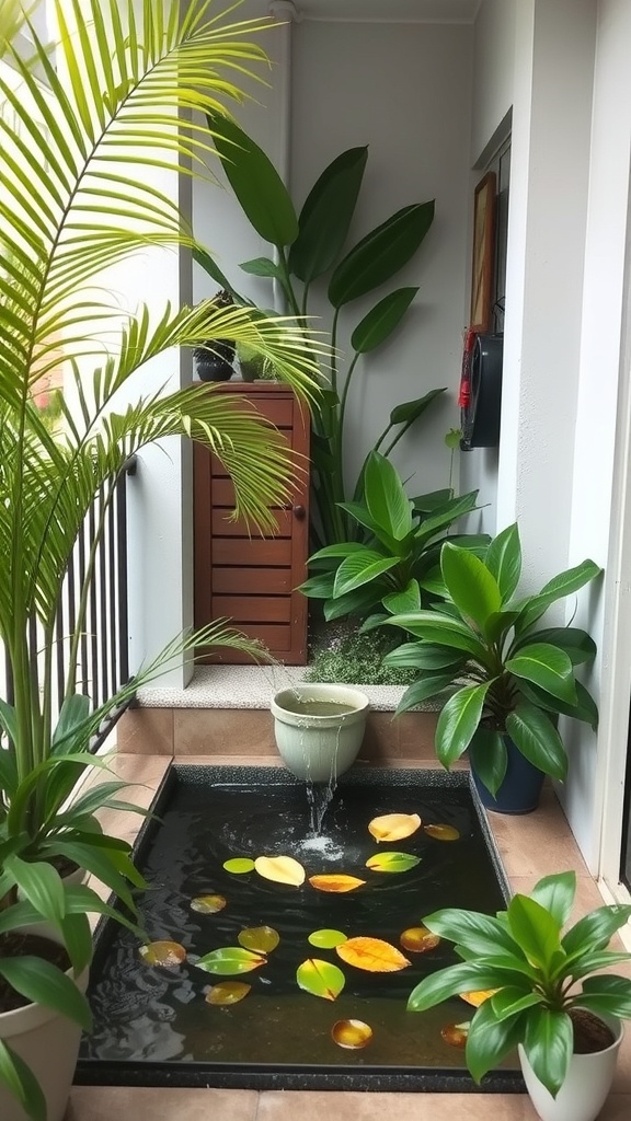 A small balcony water feature with plants, featuring a pond with floating leaves and a gentle fountain.