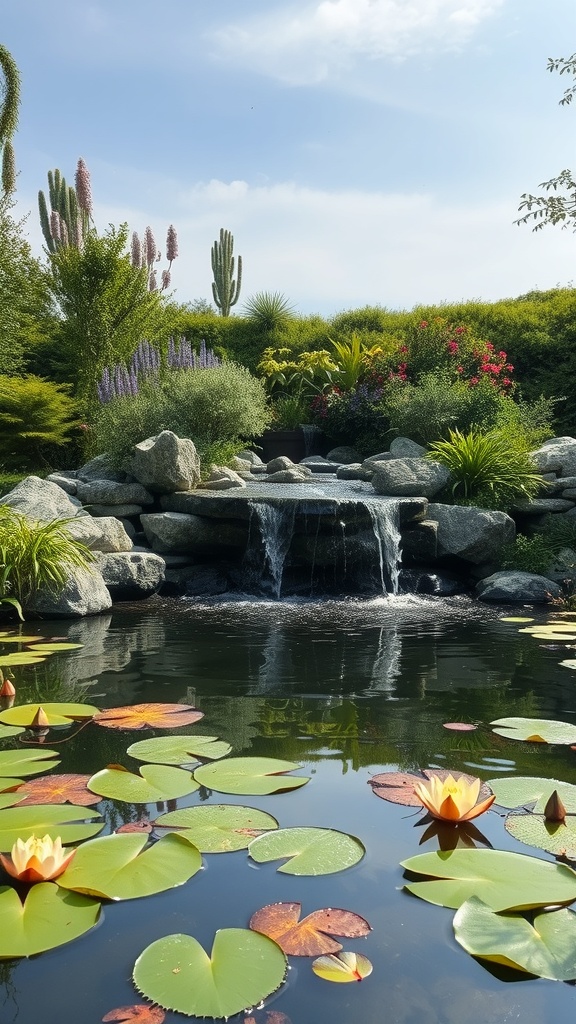 A tranquil garden scene featuring a waterfall, rocks, and water lilies