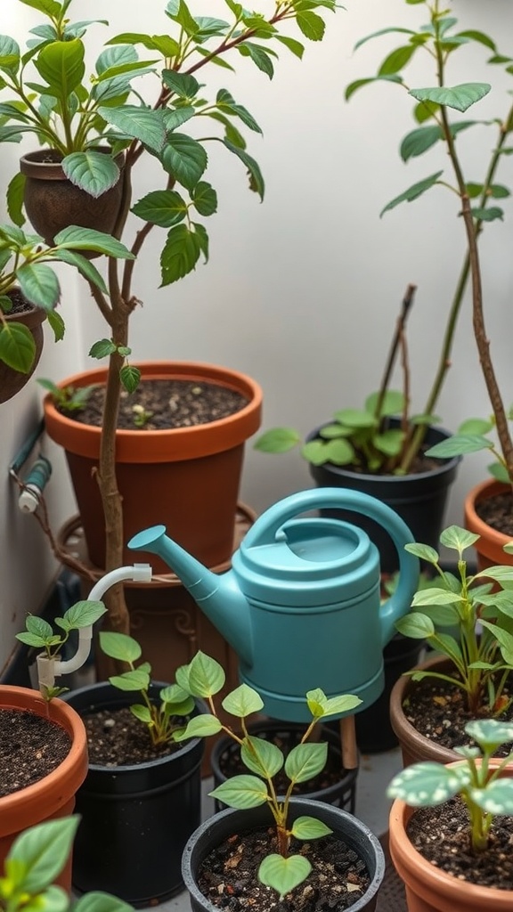 A small balcony garden with various potted plants and a blue watering can.