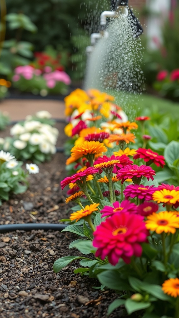 Colorful flowers being watered in a garden with a watering system