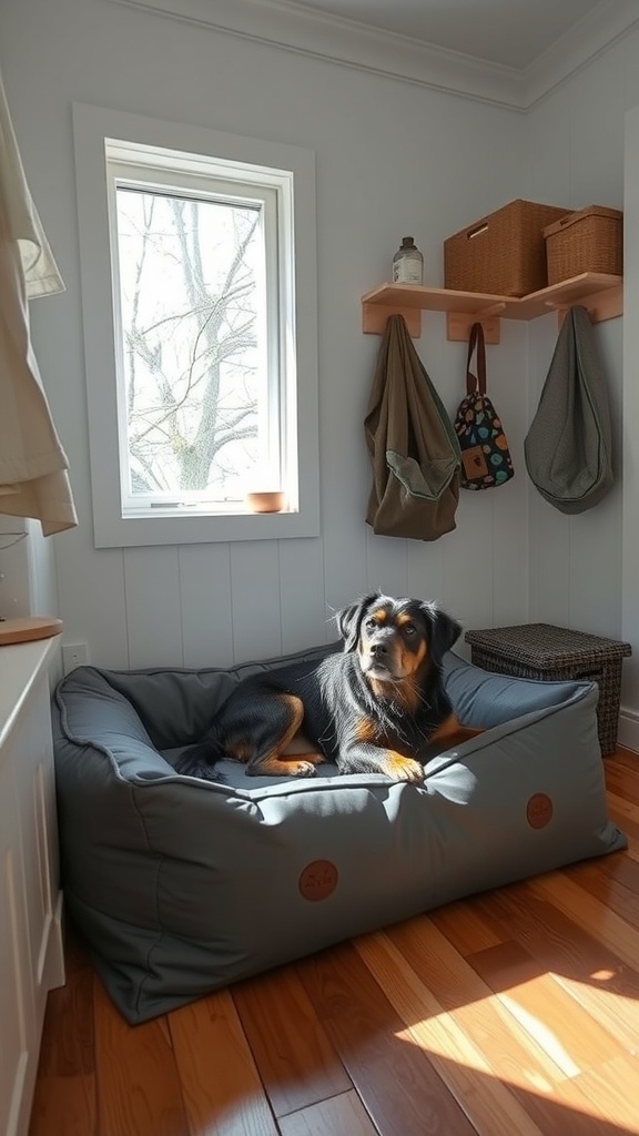 A dog lounging on a waterproof dog bed in a bright room with wooden flooring.