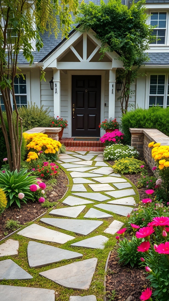 A charming stone pathway leading to a front door, surrounded by colorful flowers and greenery.