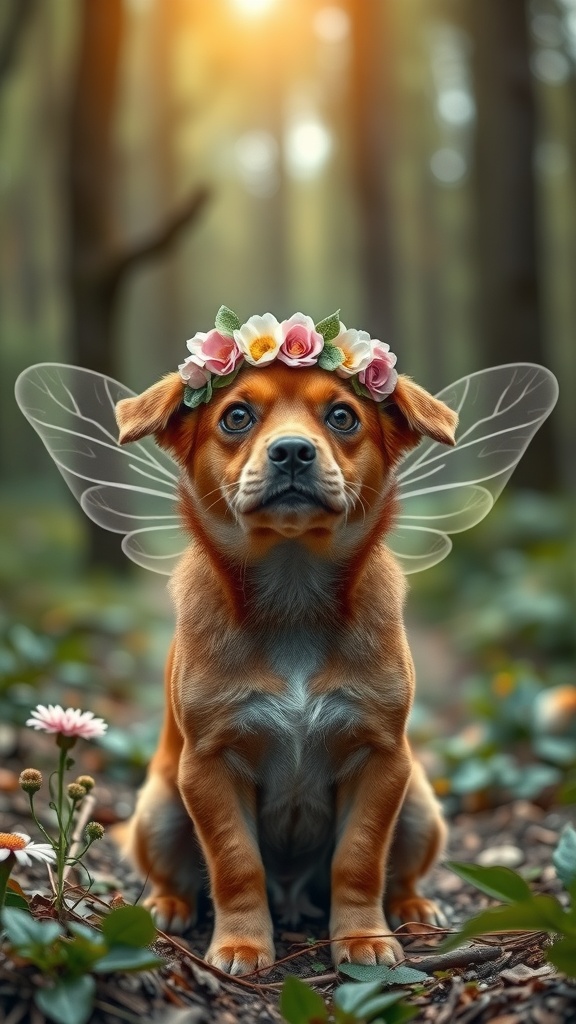 A dog wearing a floral crown and fairy wings in a forest setting.