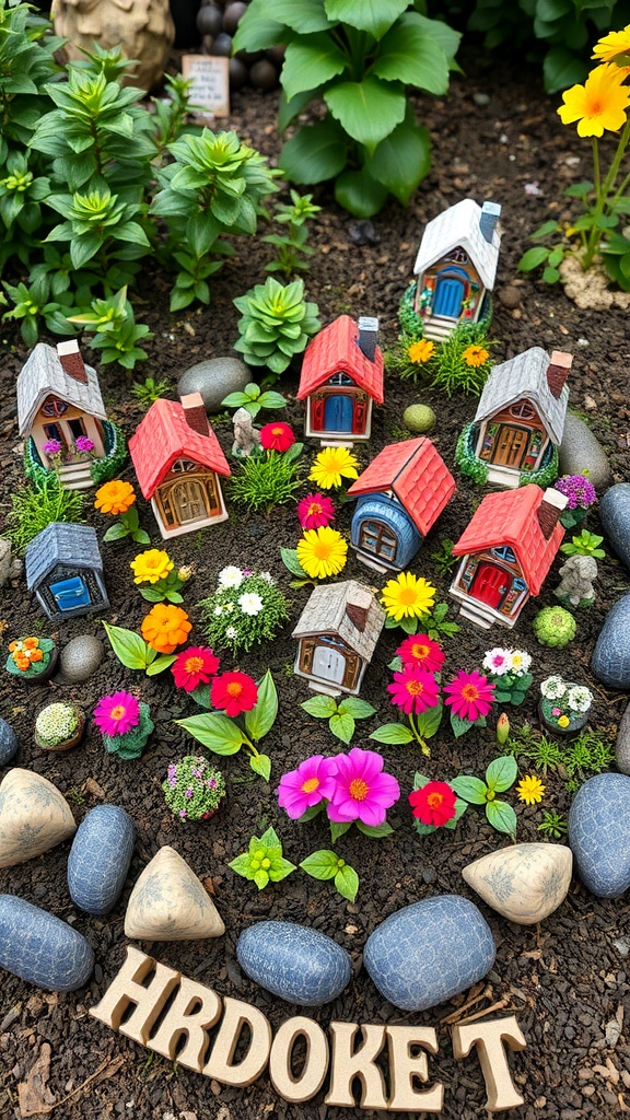 A whimsical fairy garden with colorful miniature houses, flowers, and decorative stones.