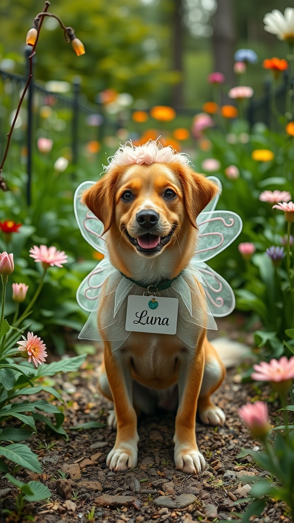 A happy dog named Luna wearing fairy wings in a flower garden.