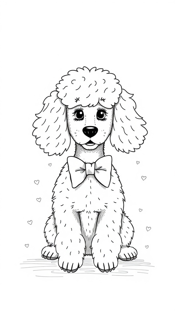A cute poodle drawing with a bow, surrounded by hearts.