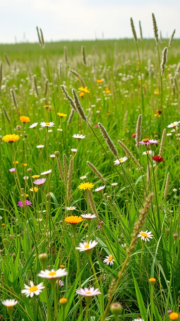 A vibrant wildflower meadow filled with various colorful flowers and grasses.