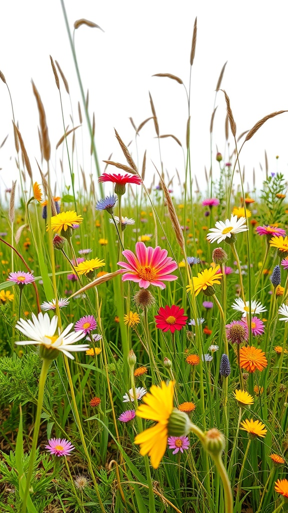 A colorful wildflower meadow with various flowers in bloom, including daisies and other vibrant species.