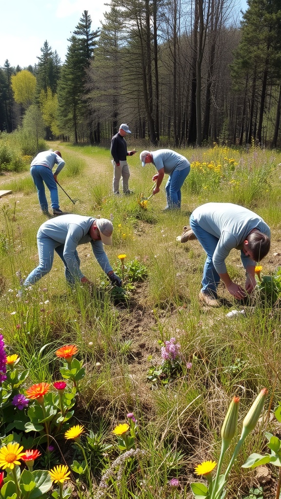 Group of people planting flowers in a wildflower meadow